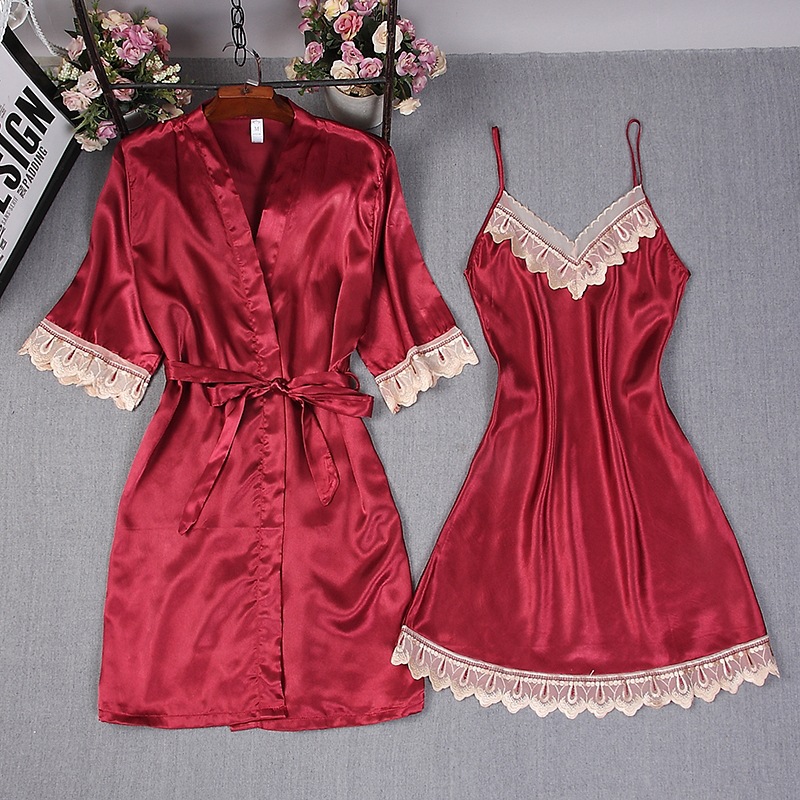 Robe Silk Women - Mode Frauen Burgund Faux Seide Robe