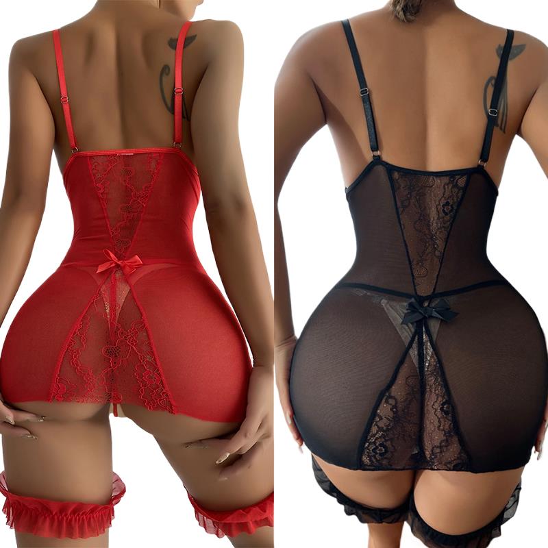 Babydoll Chemise Night - Transparentes Nachtkleid mit V-Ausschnitt und Tanga-Set