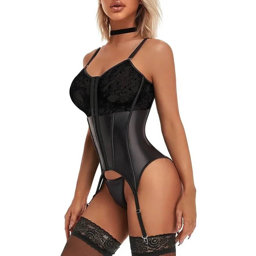 Lace Teddy Lingerie - Damen Sexy Spitzen-Dessous-Set mit Strumpfhalter, Bodysuit,